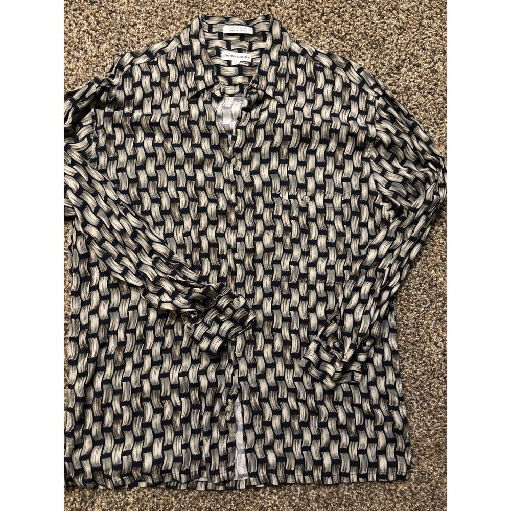 VTG Pierre Cardin Men's Large Beige Button-Up Shirt LS‎ Geometric Pattern